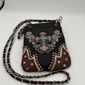 Elegant Black and Brown Crossbody Bag with Silver Embellishments